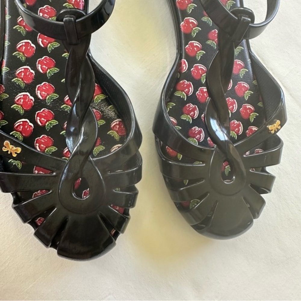 Zaxy Black Cutout Jelly Flats with Cherry Print Insole